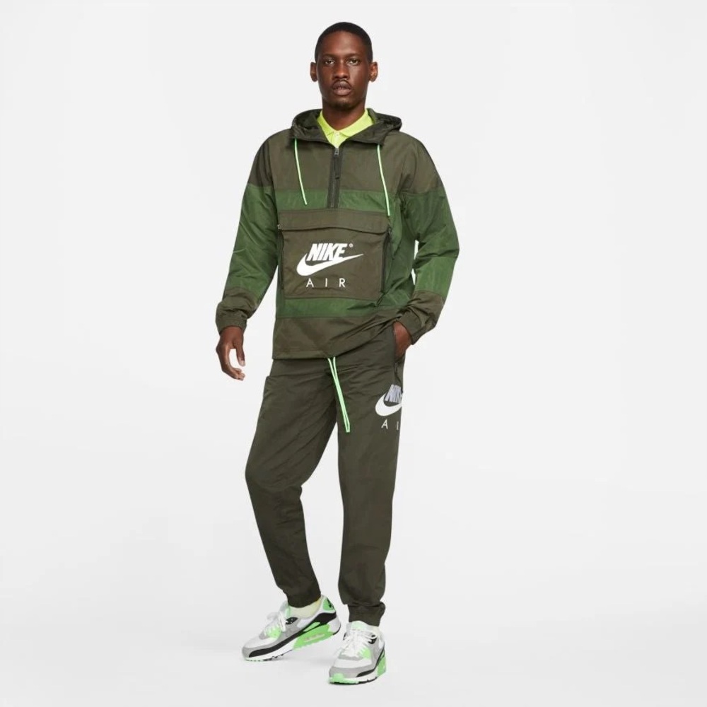 Nike Men’s Olive Green Windbreaker Jacket with Neon Green Accents